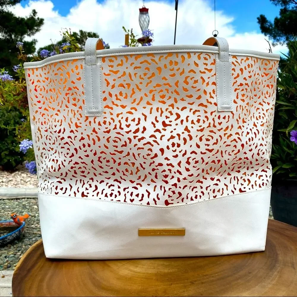 VINCE CAMUTO Laser Cut White Floral Vegan Leather Large Tote Beach Bag Purse